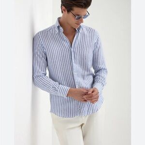 Mavi Men's Blue and White Striped Button Down Shirt